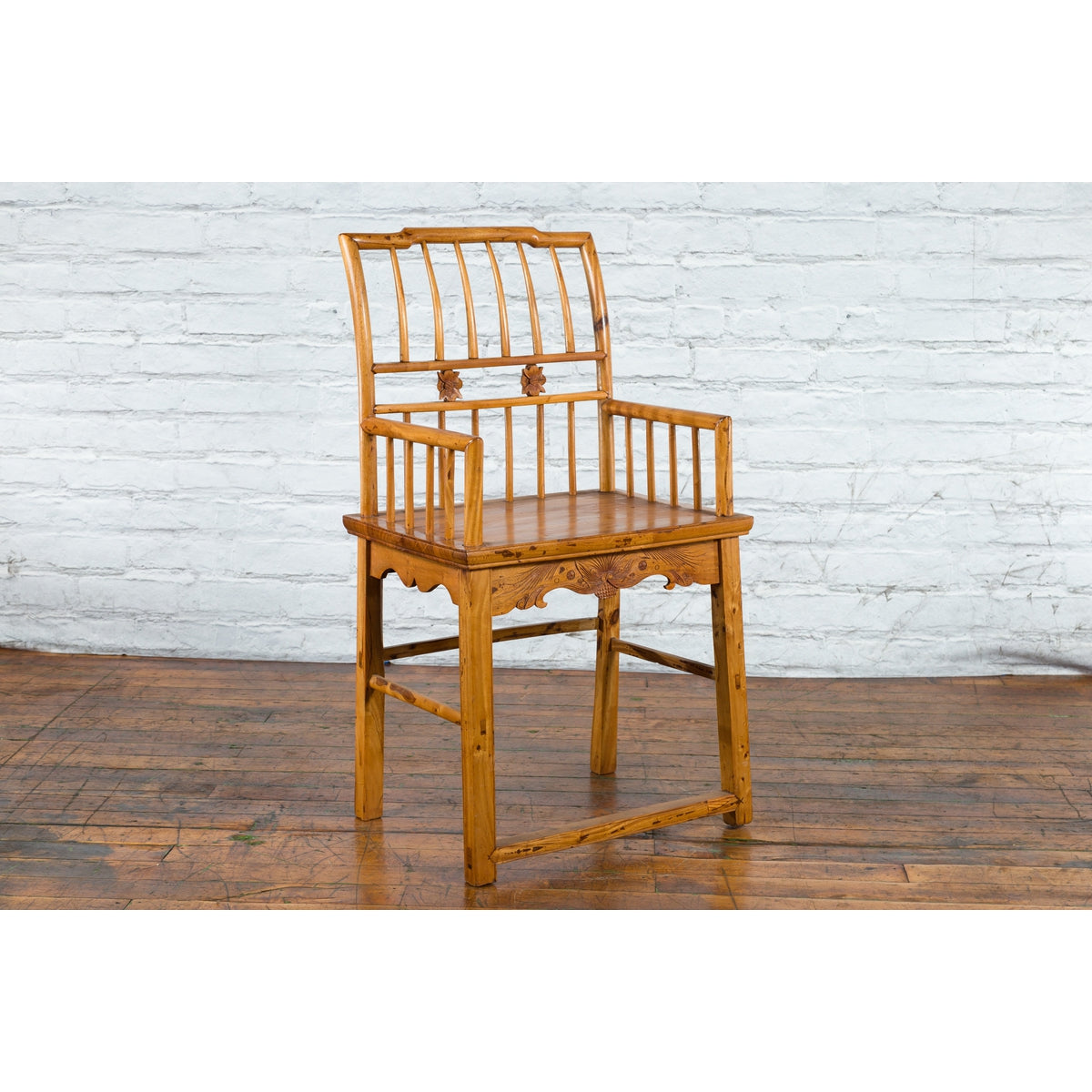 Chinese Qing Dynasty Period 19th Century Elmwood Armchair with Hand-Carved Apron-3. Asian &amp; Chinese Furniture, Art, Antiques, Vintage Home Décor for sale at FEA Home