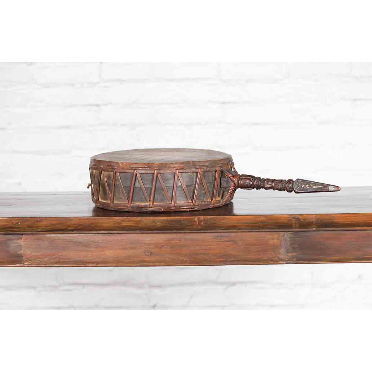 Nepalese Antique Leather Hand Drum with Carved Wooden Handle-2. Asian & Chinese Furniture, Art, Antiques, Vintage Home Décor for sale at FEA Home
