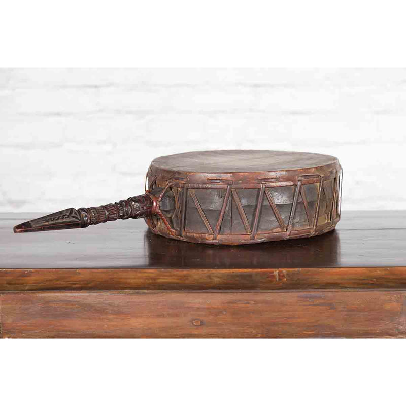 Nepalese Antique Leather Hand Drum with Carved Wooden Handle-YN3651-11. Asian & Chinese Furniture, Art, Antiques, Vintage Home Décor for sale at FEA Home
