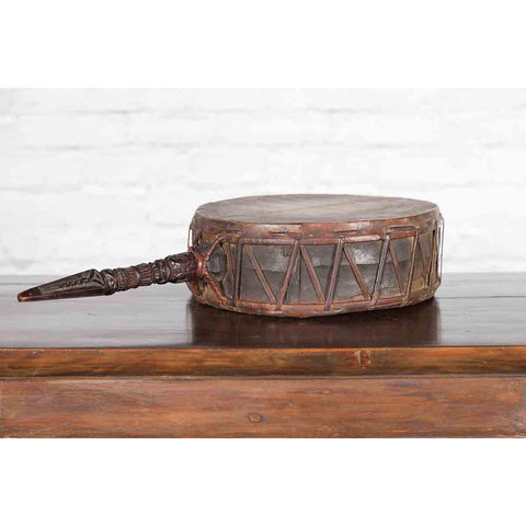 Nepalese Antique Leather Hand Drum with Carved Wooden Handle-YN3651-11. Asian & Chinese Furniture, Art, Antiques, Vintage Home Décor for sale at FEA Home