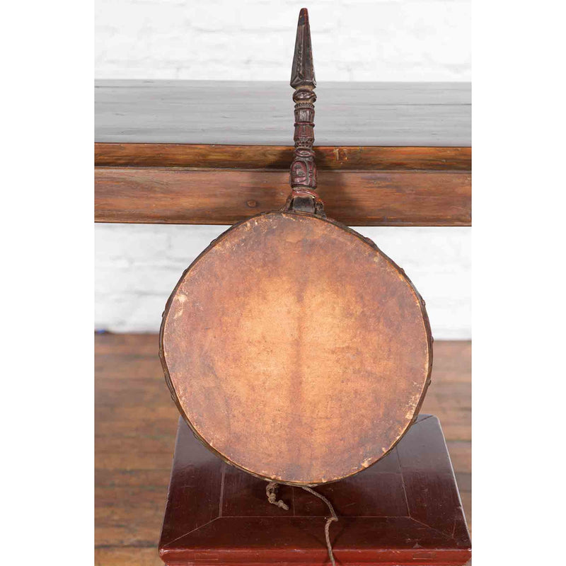 Nepalese Antique Leather Hand Drum with Carved Wooden Handle