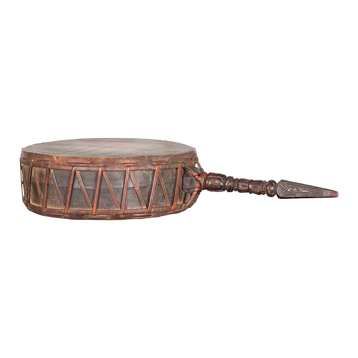 Nepalese Antique Leather Hand Drum with Carved Wooden Handle-1. Asian & Chinese Furniture, Art, Antiques, Vintage Home Décor for sale at FEA Home