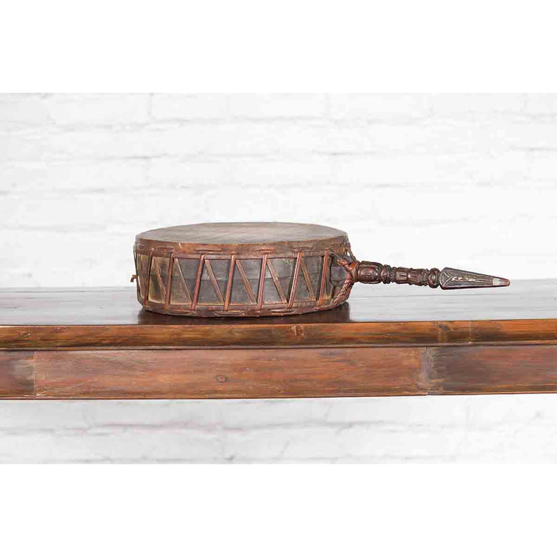 Nepalese Antique Leather Hand Drum with Carved Wooden Handle-YN3651-2. Asian & Chinese Furniture, Art, Antiques, Vintage Home Décor for sale at FEA Home
