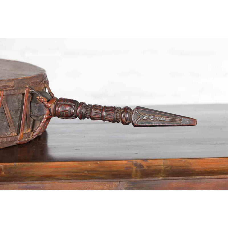 Nepalese Antique Leather Hand Drum with Carved Wooden Handle-YN3651-6. Asian & Chinese Furniture, Art, Antiques, Vintage Home Décor for sale at FEA Home