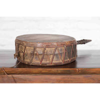 Nepalese Antique Leather Hand Drum with Carved Wooden Handle