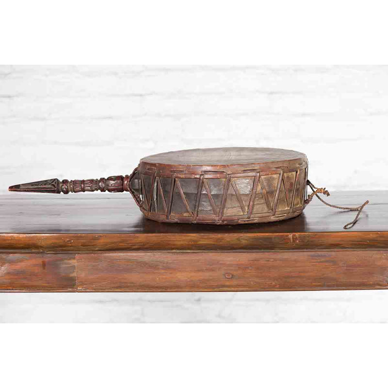 Nepalese Antique Leather Hand Drum with Carved Wooden Handle-YN3651-9. Asian & Chinese Furniture, Art, Antiques, Vintage Home Décor for sale at FEA Home