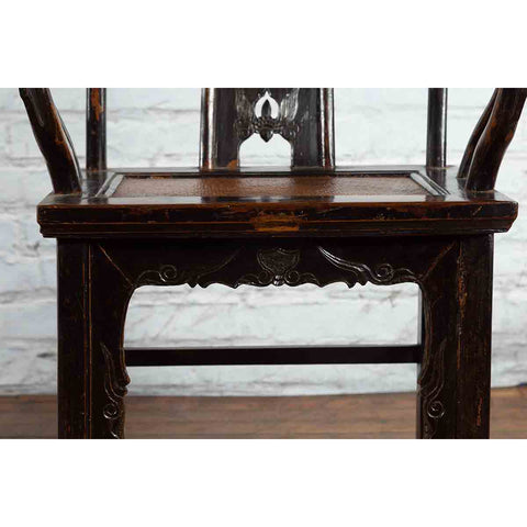 Pair of Chinese Qing Dynasty 19th Century Yoke Back Armchairs with Rattan Seats