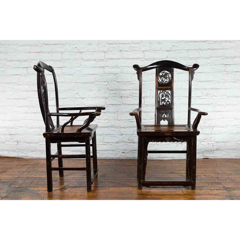 Pair of Chinese Qing Dynasty 19th Century Yoke Back Armchairs with Rattan Seats