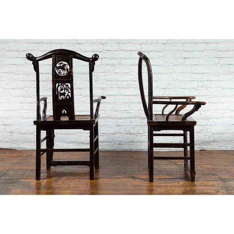 Pair of Chinese Qing Dynasty 19th Century Yoke Back Armchairs with Rattan Seats