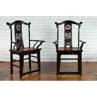 Pair of Chinese Qing Dynasty 19th Century Yoke Back Armchairs with Rattan Seats