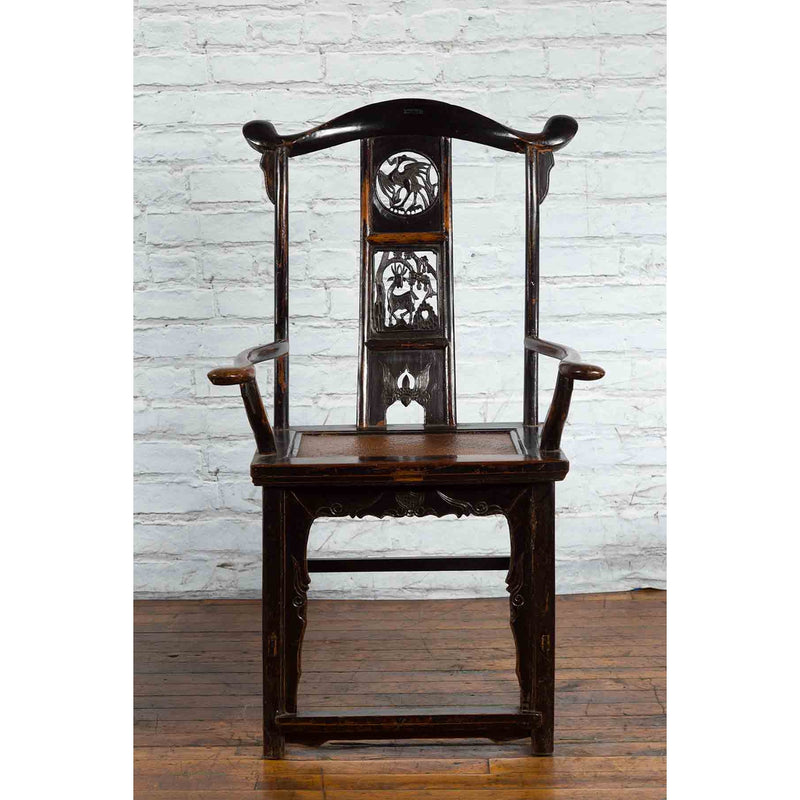 Pair of Chinese Qing Dynasty 19th Century Yoke Back Armchairs with Rattan Seats