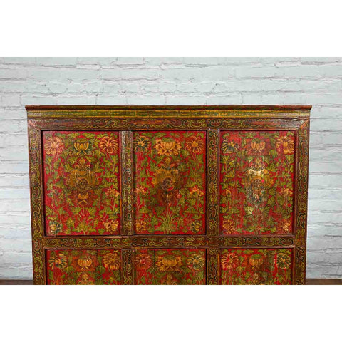 Tibetan 19th Century Cabinet with Hand-Painted Floral Décor on Red Ground-YN3663-5. Asian & Chinese Furniture, Art, Antiques, Vintage Home Décor for sale at FEA Home