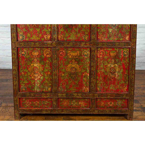 Tibetan 19th Century Cabinet with Hand-Painted Floral Décor on Red Ground-YN3663-6. Asian & Chinese Furniture, Art, Antiques, Vintage Home Décor for sale at FEA Home