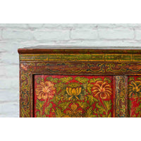 Tibetan 19th Century Cabinet with Hand-Painted Floral Décor on Red Ground