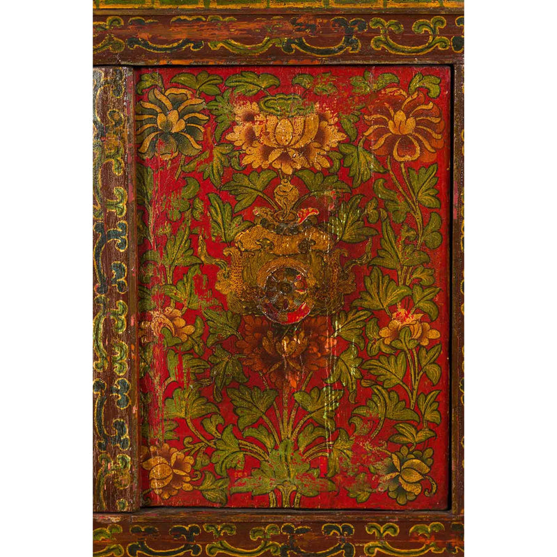 Tibetan 19th Century Cabinet with Hand-Painted Floral Décor on Red Ground-YN3663-8. Asian & Chinese Furniture, Art, Antiques, Vintage Home Décor for sale at FEA Home