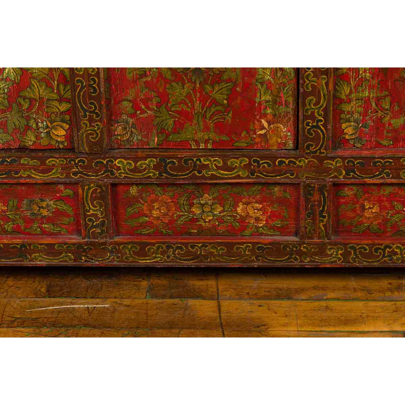 Tibetan 19th Century Cabinet with Hand-Painted Floral Décor on Red Ground-YN3663-9. Asian & Chinese Furniture, Art, Antiques, Vintage Home Décor for sale at FEA Home