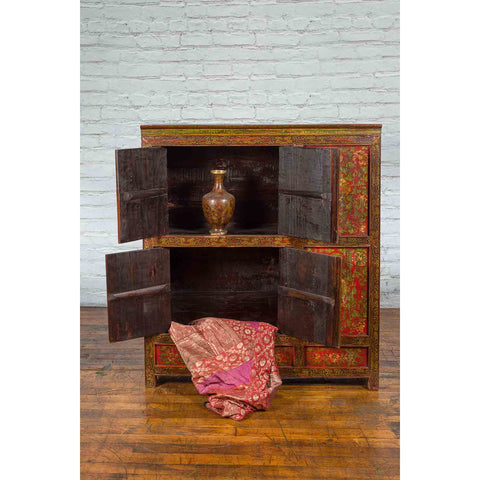 Tibetan 19th Century Cabinet with Hand-Painted Floral Décor on Red Ground-YN3663-4. Asian & Chinese Furniture, Art, Antiques, Vintage Home Décor for sale at FEA Home