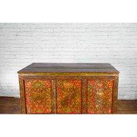 Tibetan 19th Century Cabinet with Hand-Painted Floral Décor on Red Ground