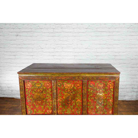 Tibetan 19th Century Cabinet with Hand-Painted Floral Décor on Red Ground-YN3663-10. Asian & Chinese Furniture, Art, Antiques, Vintage Home Décor for sale at FEA Home