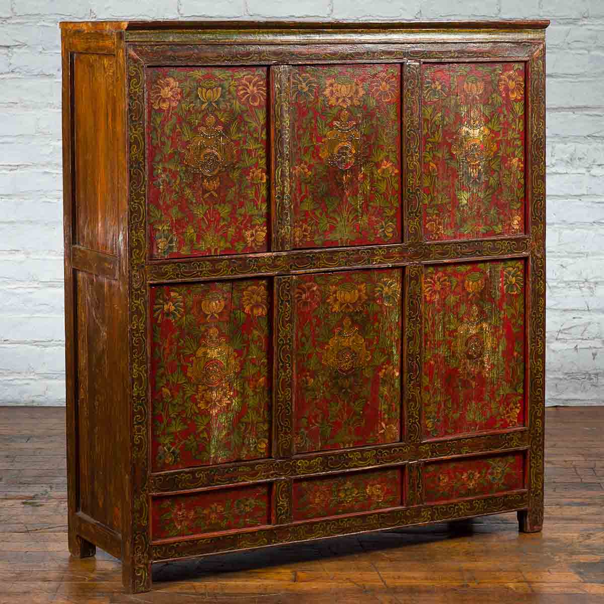 Tibetan 19th Century Cabinet with Hand-Painted Floral Décor on Red Ground-2. Asian & Chinese Furniture, Art, Antiques, Vintage Home Décor for sale at FEA Home