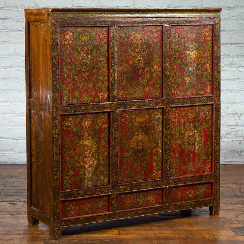 Tibetan 19th Century Cabinet with Hand-Painted Floral Décor on Red Ground-YN3663-2. Asian & Chinese Furniture, Art, Antiques, Vintage Home Décor for sale at FEA Home