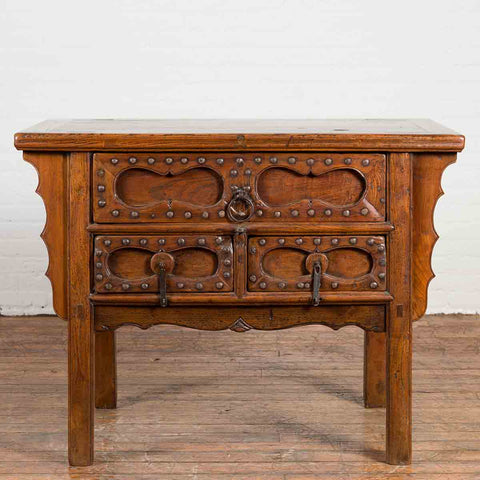 Chinese Early 20th Century Table with Three Drawers, Studs and Carved Spandrels