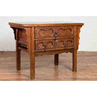 Chinese Early 20th Century Table with Three Drawers, Studs and Carved Spandrels