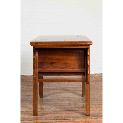 Chinese Early 20th Century Table with Three Drawers, Studs and Carved Spandrels