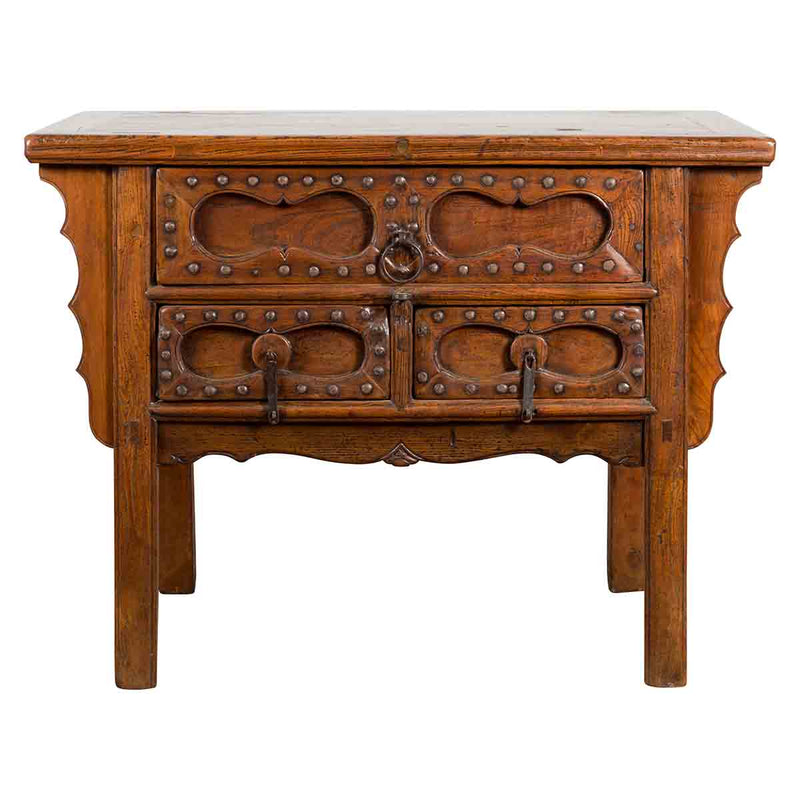 Chinese Early 20th Century Table with Three Drawers, Studs and Carved Spandrels- Asian Antiques, Vintage Home Decor & Chinese Furniture - FEA Home