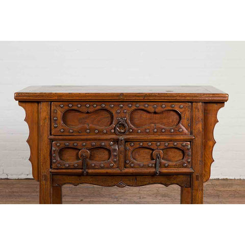 Chinese Early 20th Century Table with Three Drawers, Studs and Carved Spandrels