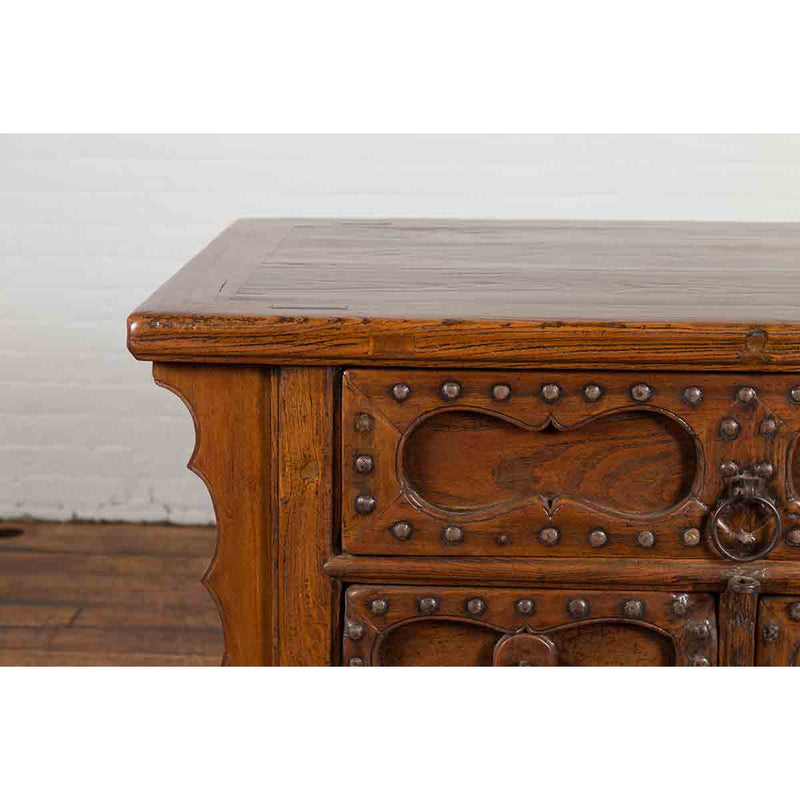 Chinese Early 20th Century Table with Three Drawers, Studs and Carved Spandrels