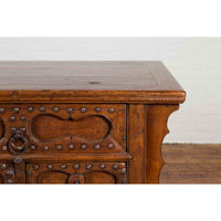 Chinese Early 20th Century Table with Three Drawers, Studs and Carved Spandrels