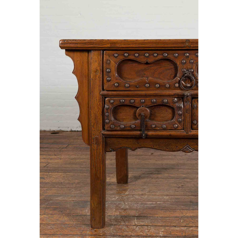Chinese Early 20th Century Table with Three Drawers, Studs and Carved Spandrels