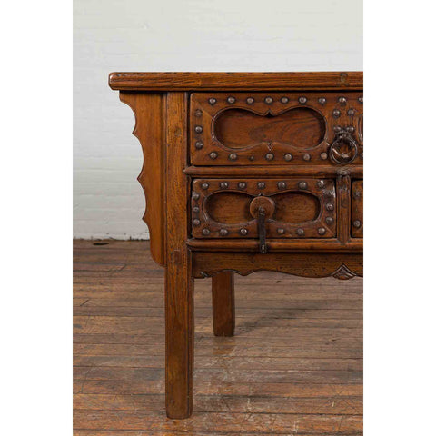 Chinese Early 20th Century Table with Three Drawers, Studs and Carved Spandrels