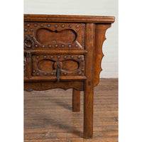 Chinese Early 20th Century Table with Three Drawers, Studs and Carved Spandrels