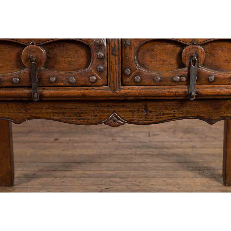 Chinese Early 20th Century Table with Three Drawers, Studs and Carved Spandrels