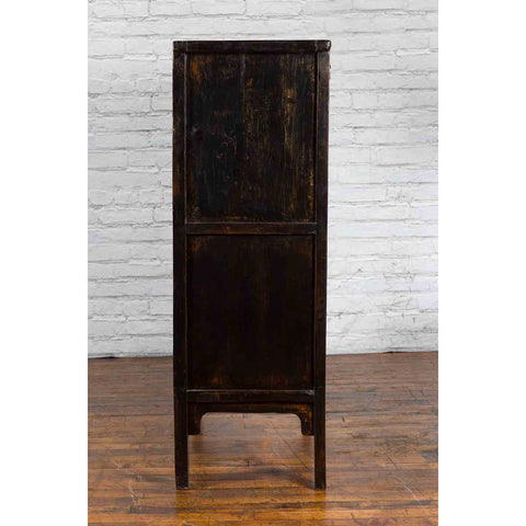 Qing Dynasty 1800s Brown Lacquered Chinese Cabinet with Doors and Drawers