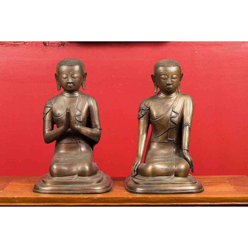 Pair of Burmese 20th Century Bronze Statues of Kneeling Buddhist Disciples-YN3691 / YN3692-4. Asian & Chinese Furniture, Art, Antiques, Vintage Home Décor for sale at FEA Home