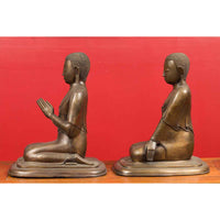 Pair of Burmese 20th Century Bronze Statues of Kneeling Buddhist Disciples