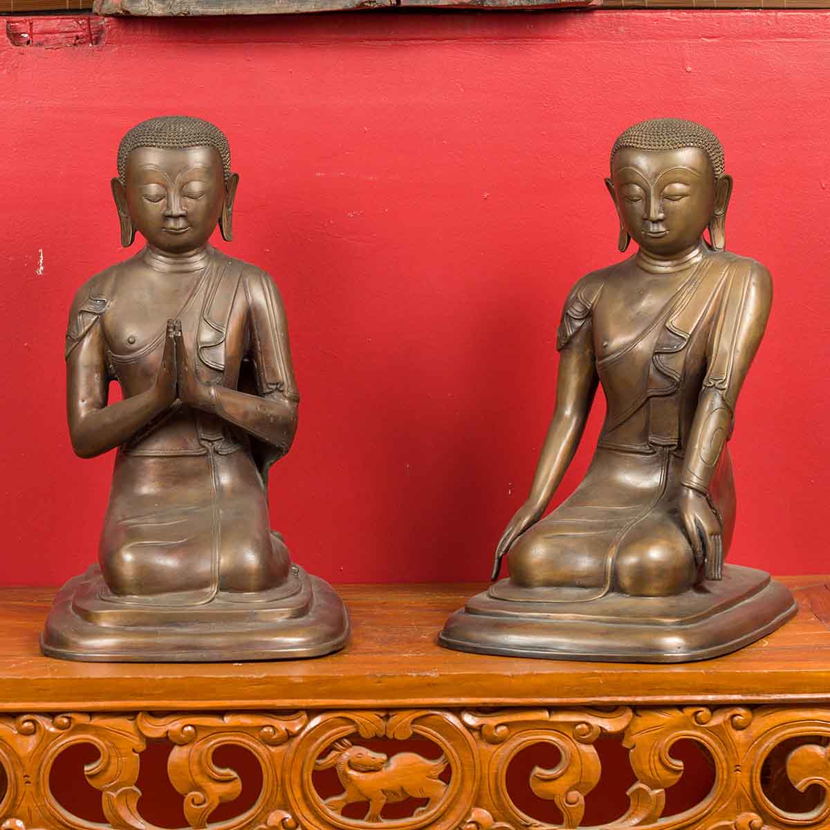 Pair of Burmese 20th Century Bronze Statues of Kneeling Buddhist Disciples-2. Asian & Chinese Furniture, Art, Antiques, Vintage Home Décor for sale at FEA Home