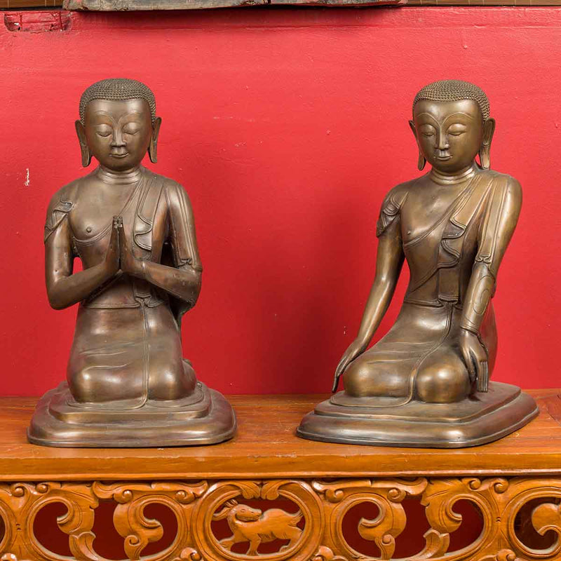 Pair of Burmese 20th Century Bronze Statues of Kneeling Buddhist Disciples-YN3691 / YN3692-2. Asian & Chinese Furniture, Art, Antiques, Vintage Home Décor for sale at FEA Home