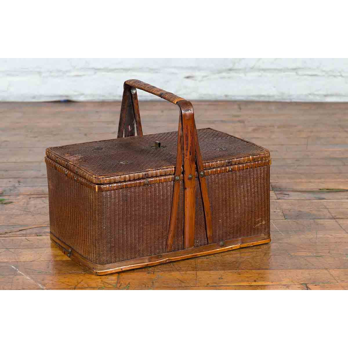 Chinese Early 20th Century Rattan Lunch Box with Tripartite Bamboo Handle-2. Asian & Chinese Furniture, Art, Antiques, Vintage Home Décor for sale at FEA Home