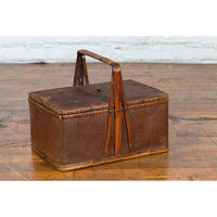 Chinese Early 20th Century Rattan Lunch Box with Tripartite Bamboo Handle