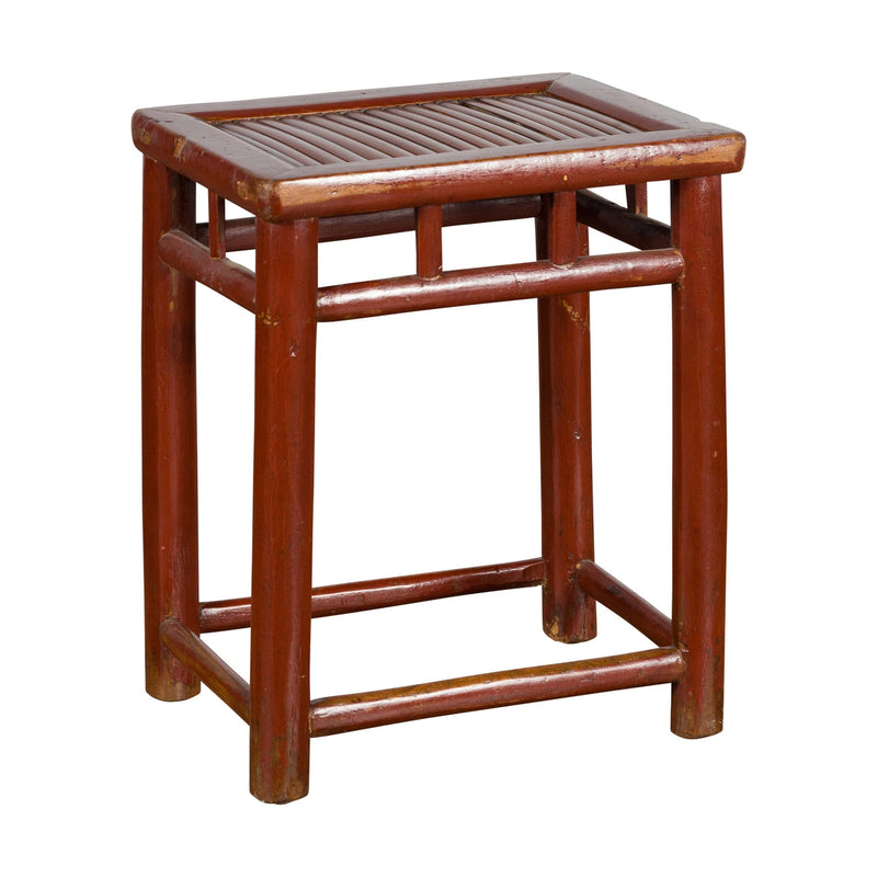 Chinese Rustic Early 20th Century Reddish Brown Lacquered Stool with Bamboo Seat-YN3704-1. Asian & Chinese Furniture, Art, Antiques, Vintage Home Décor for sale at FEA Home