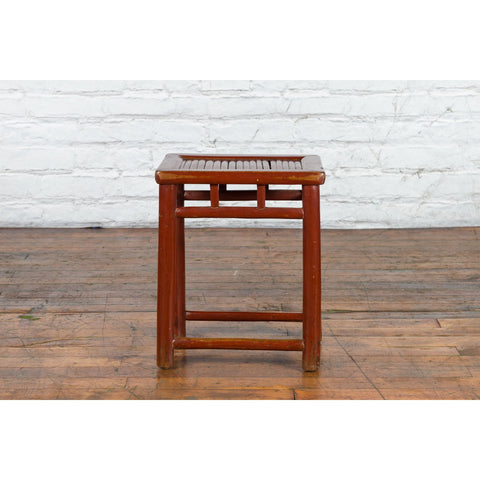 Chinese Rustic Early 20th Century Reddish Brown Lacquered Stool with Bamboo Seat-YN3704-2. Asian & Chinese Furniture, Art, Antiques, Vintage Home Décor for sale at FEA Home