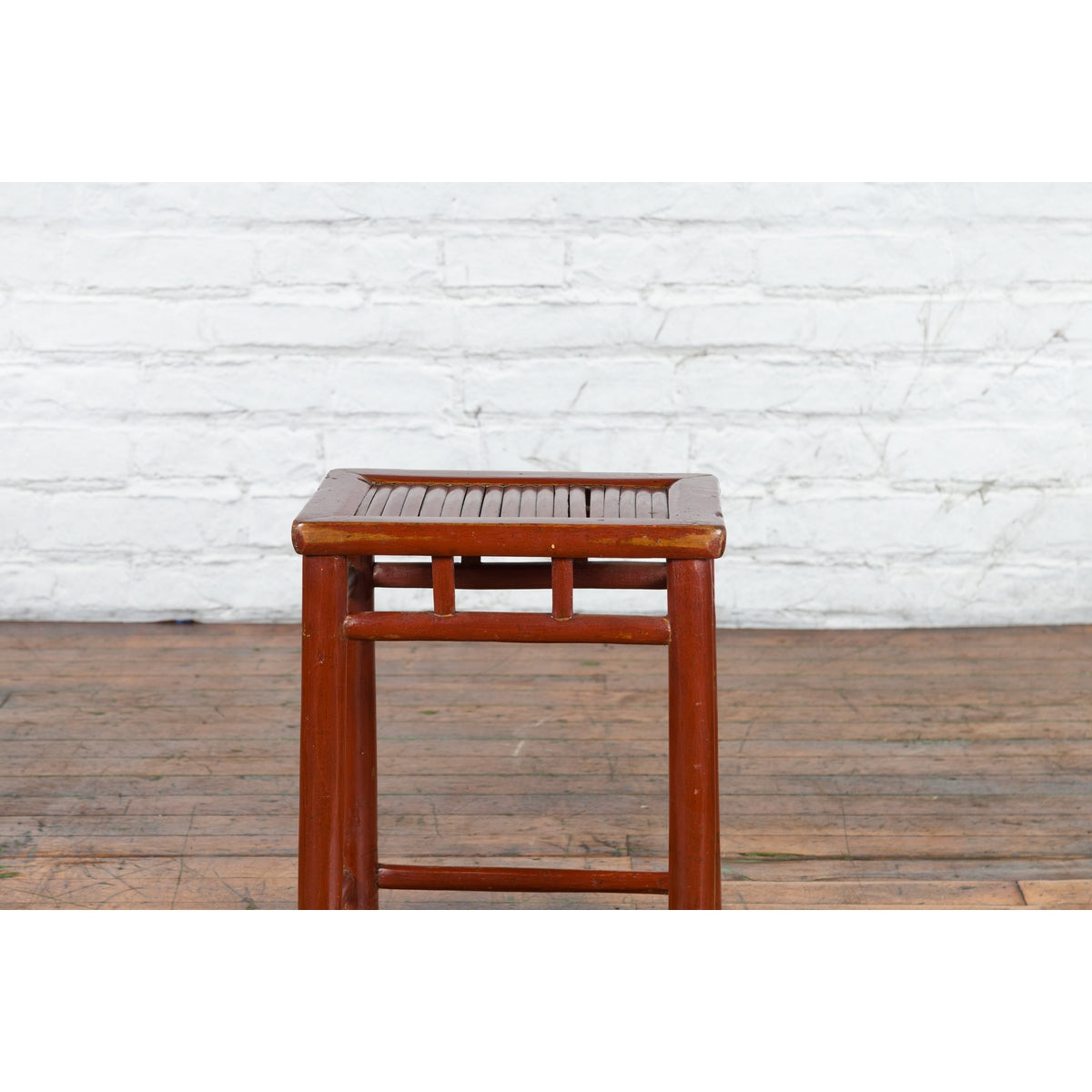 Chinese Rustic Early 20th Century Reddish Brown Lacquered Stool with Bamboo Seat-4. Asian &amp; Chinese Furniture, Art, Antiques, Vintage Home Décor for sale at FEA Home