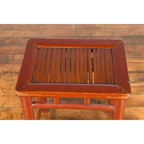 Chinese Rustic Early 20th Century Reddish Brown Lacquered Stool with Bamboo Seat-YN3704-5. Asian & Chinese Furniture, Art, Antiques, Vintage Home Décor for sale at FEA Home