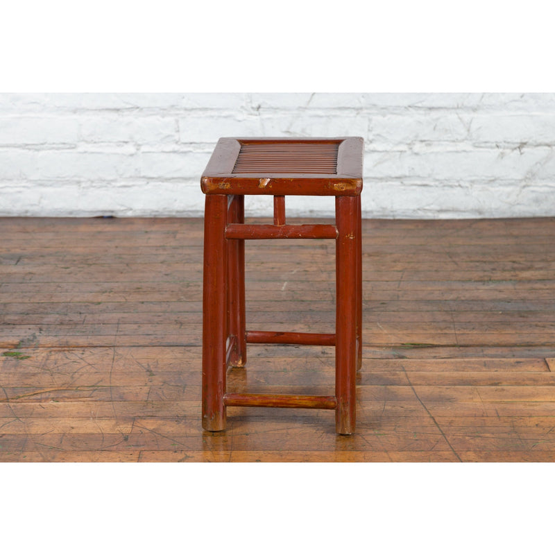 Chinese Rustic Early 20th Century Reddish Brown Lacquered Stool with Bamboo Seat-YN3704-6. Asian & Chinese Furniture, Art, Antiques, Vintage Home Décor for sale at FEA Home