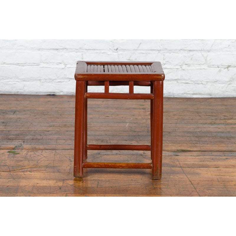 Chinese Rustic Early 20th Century Reddish Brown Lacquered Stool with Bamboo Seat-YN3704-7. Asian & Chinese Furniture, Art, Antiques, Vintage Home Décor for sale at FEA Home