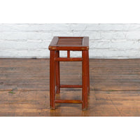 Chinese Rustic Early 20th Century Reddish Brown Lacquered Stool with Bamboo Seat
